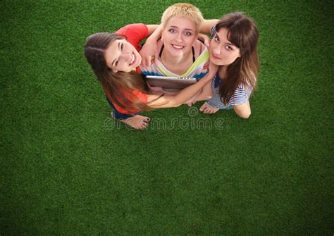 Three Women With Naked Feet Standing In Grass Stock Image Image Of Park Outside 51508269