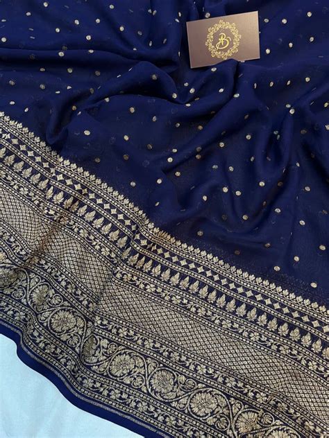 Navy Blue Banarasi Handloom Pure Khaddi Georgette Silk Saree Aura