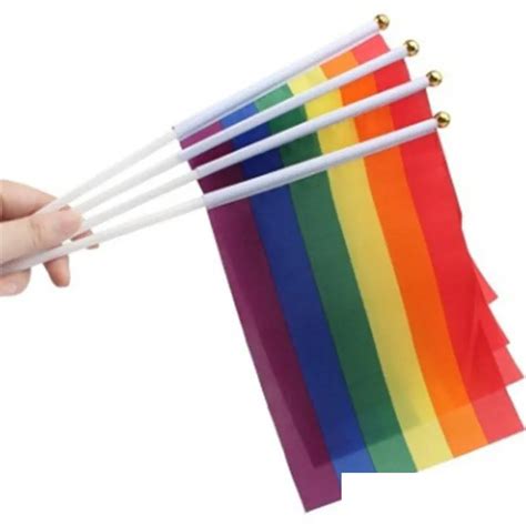 Banner Flags Rainbow Gay Pride Stick Flag X Inch Hand Mini Waving Handhold Using With Gold Top