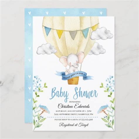 Elephant Hot Air Balloon Baby Shower Invitation Zazzle