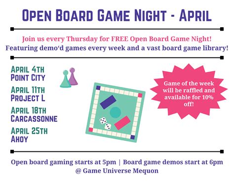 April Lineup - Open Board Game Night @ Mequon — Game Universe