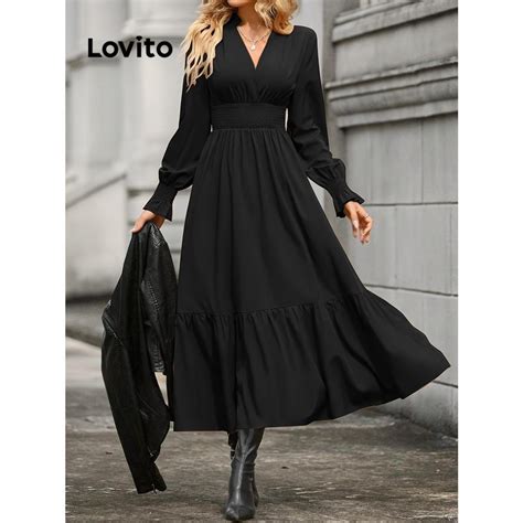 Lovito Elegant Plain Smocked Ruffle Tiered Layer Dress For Women