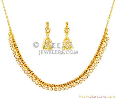 22k Gold Pearls Necklace Set Stls16769 22k Gold Necklace And