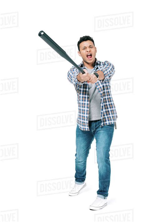 Aggressive Young African American Man Hitting With Baseball Bat