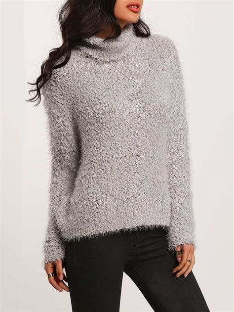 Grey Turtle Neck Shaggy Slim Sweater Shein Sheinside