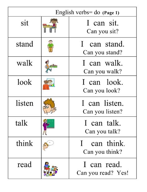 basic verbs group  pictures words simple sentences page