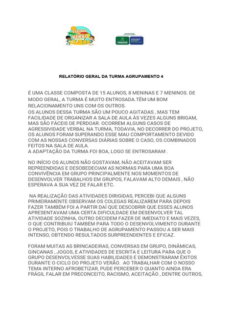 Relatório Geral Da Turma - RELATÓRIO GERAL DA TURMA AGRUPAMENTO 4 | PDF