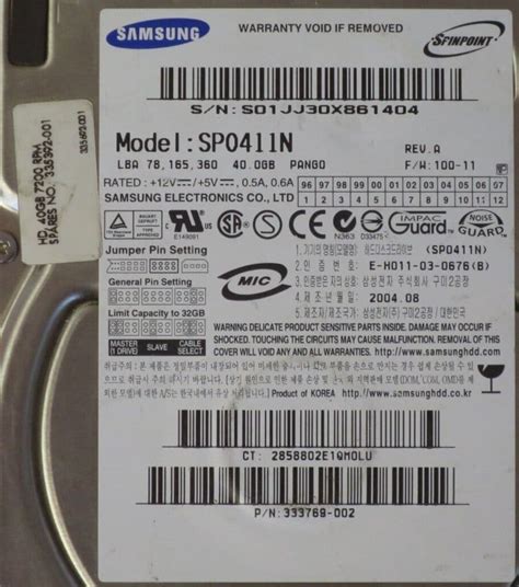 HP Samsung SP0411N SpinPoint P Series 40GB 72K RPM 2MB Hard Drive ...