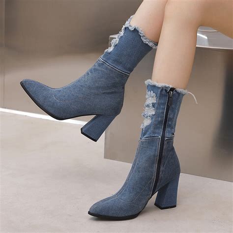 34 43 Size Elastic Nude Boots Denim Short Boots Women Pointed Toe Mid Heel Ripped Short Tube All