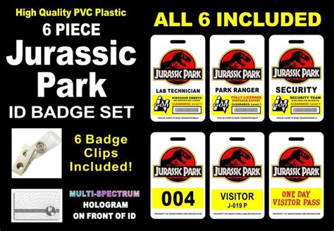 Jurassic Park ID Badge Set LOT Of 6 Holographic PVC Plastic Cards