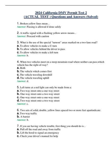 2024 California DMV Permit Test 2 (ACTUAL TEST ) Questions and Answers