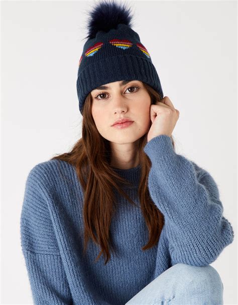 Rainbow Heart Knit Pom Pom Beanie Hats Accessorize Global