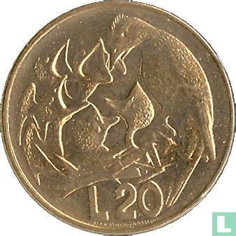 San Marino 20 Lire 1975 FAO Bird Feeding Its Nestlings KM 44 1975