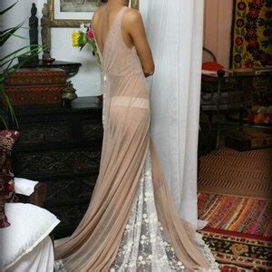 Nude Mesh Bridal Nightgown Embroidered Lace Inserts Wedding Sleepwear Bridal Lingerie Bridal