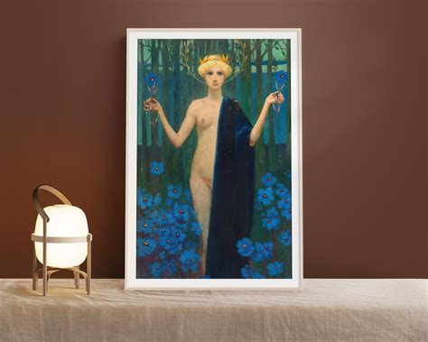 Vintage Nude Woman Holding Blue Flowers Fine Art Print Retro Moody Print Flower Wall Art