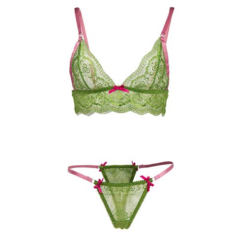 Sexy Green Floral Sheer Lace Bra Top And Panty Lingerie Set N16141