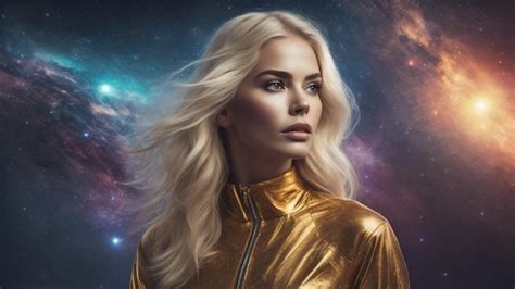 Premium AI Image Portrait Of A Beautiful Blonde Woman In A Golden Suit Against The Background