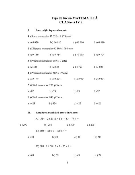 Fisa De Lucru Clasa A A Matematica Nbkomputer