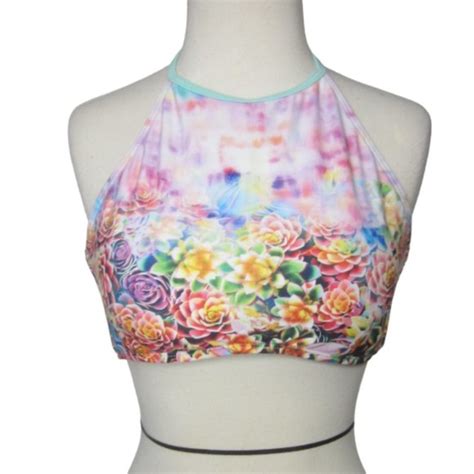 Hobie Swim Hobie White Flower High Neck Halter Bikini Swimsuit Bathing Suit Top Estilo L