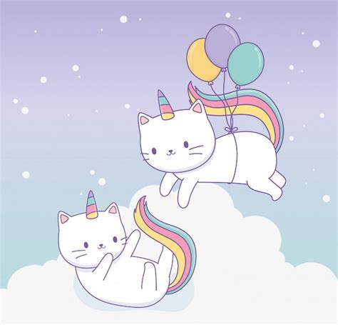 Lindo Gato Con Cola De Arco Iris Y Globos Helio Kawaii Personaje