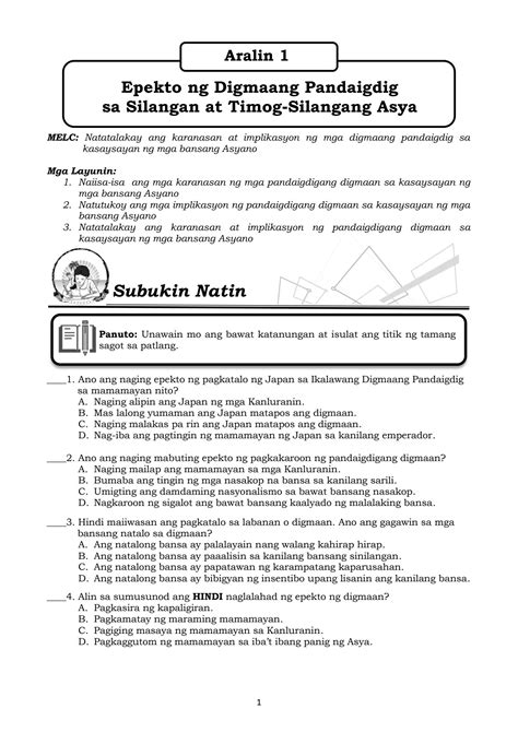 SOLUTION Ap7 Q4 Clas3 Epekto Ng Pandaigdigang Digmaan Sa Silangan At