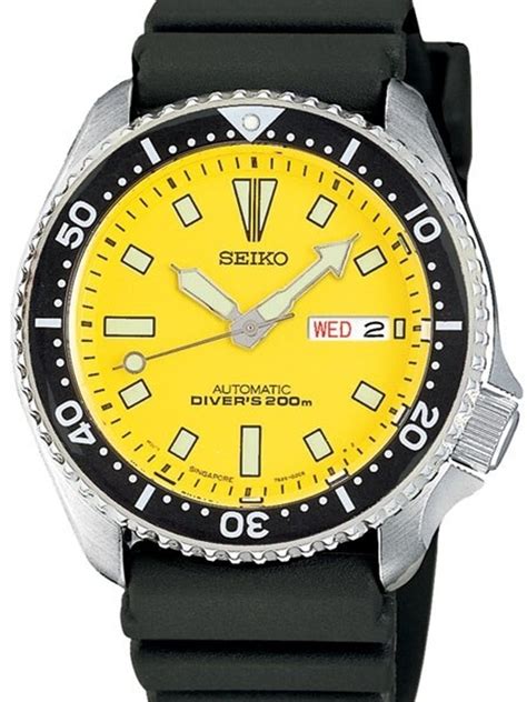 Seiko Yellow Dial Automatic Dive Watch With Offset Crown And Rubber Dive Strap Skxa35