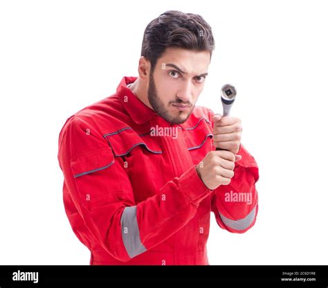 The Funny Automobile Mechanic With Wrench Isolated On White Stock Photo