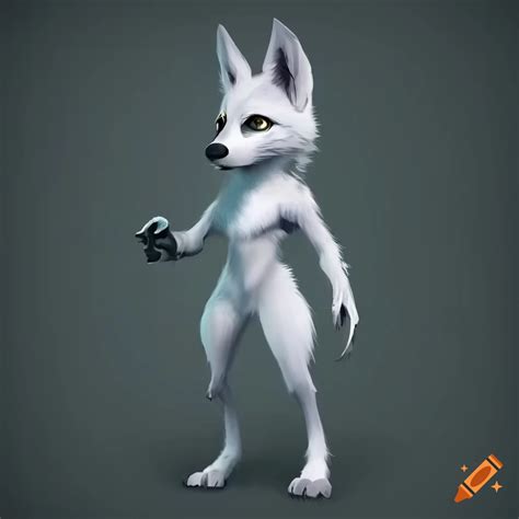 Anthropomorphic White Wolf With Fennec Fox Ears And Blue Eyes Standing