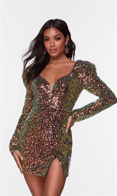 Long-Sleeve Sequin Mini Homecoming Dress - PromGirl