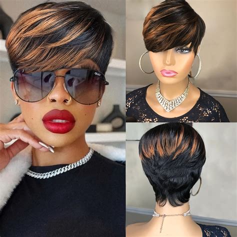 TemuShort Pixie Cut Hair Wigs Ombre Blonde Black Short Straight Human