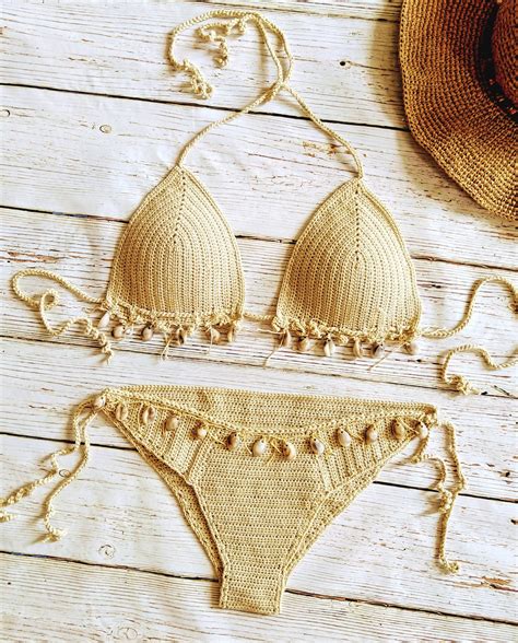 Handmade Crocheted Bikini Soft Cotton Yarn Crochet Bikini With Shells