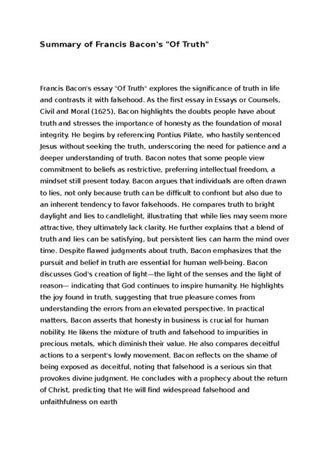Of Truth Summary - Summary of Francis Bacon's "Of Truth" Francis Bacon