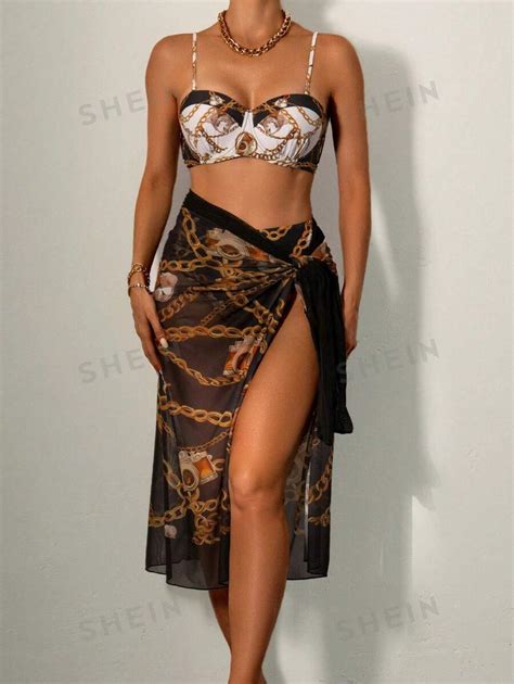 Shein Swim Oasis Chain Print Bikini Set With Spaghetti Straps Front Tied Cover Up Shirt And