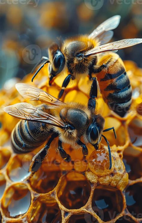 Bees gathering nectar from honeycomb. Honeybees collect nectar from