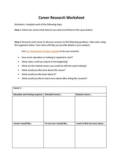 Career Research Worksheet Step 1 Select Two Careers That Worksheets Library