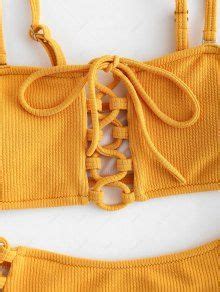 Ribbed Lace Up Bikini Set In BRIGHT YELLOW ZAFUL 2024