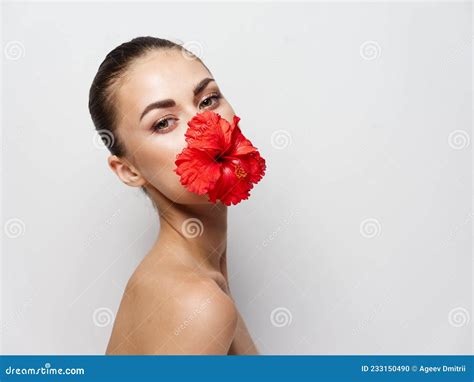 Pretty Woman Flower Near Face Nude Shoulders Charm Studio Stock Photo Image Of Flower