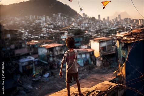 Boy Flying A Kite In Overcrowded Slums With Square Multistory Houses