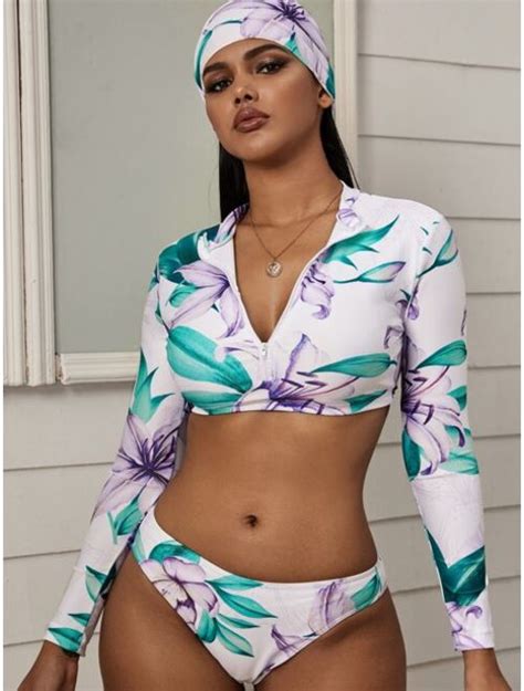 Buy Floral Random Print Long Sleeve Bikini Set Headband Online Topofstyle