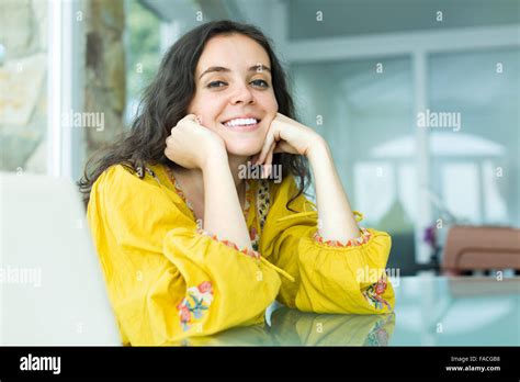 Portrait Of Long Haired Brunette Girl With Charming Smile Stock Photo Alamy