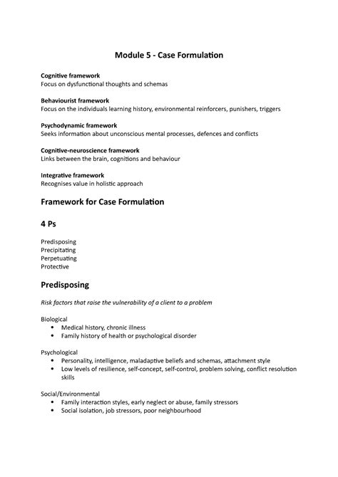 Module 5 Case Formulation Module 5 Case Formulation Cognitive Framework Focus On