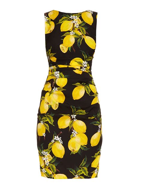 Dolce And Gabbana Lemon Print Ruched Silk Dress In Black Lyst