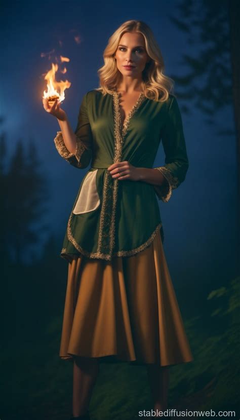 Blonde With Fire In Forest At Night Stable Diffusion Online