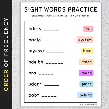 Fry Sight Words Assessment Match And Unscramble Worksheets Th