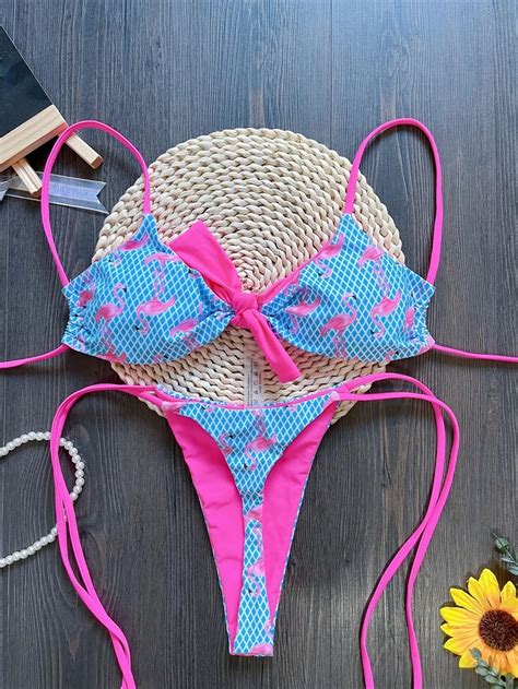 Flamingo Print Pink And Blue Bikini Set On Luulla