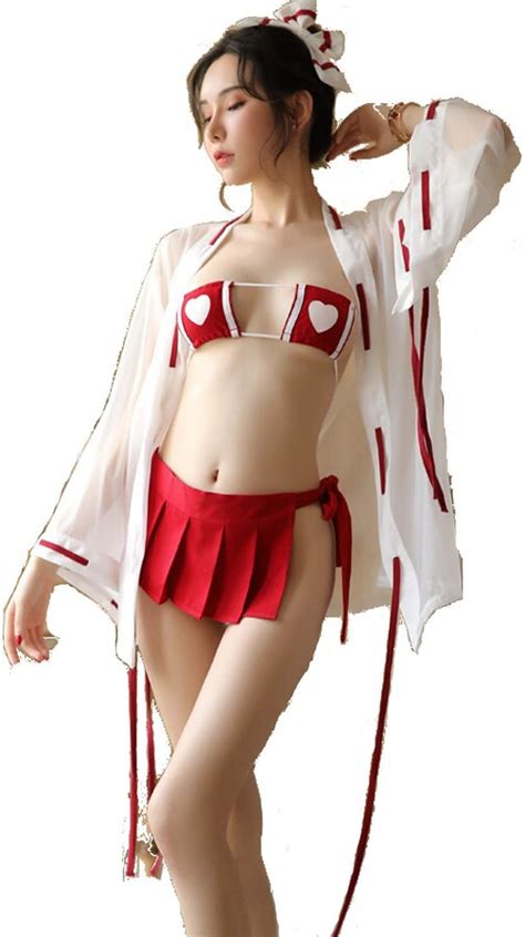 Kurop Womens Sexy Shrine Maiden Bikini Lingerie Japanese Witch Cosplay Anime Lingerie Set Red