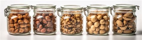 Premium Ai Image A Row Of Glass Jars With Nuts On Them