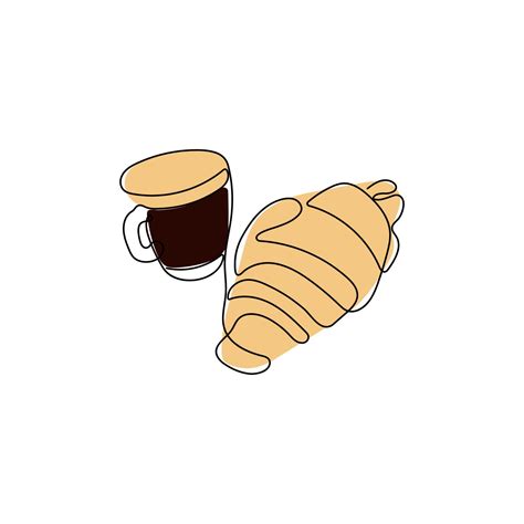 Croissant and cup of coffee. One continuous line drawing. Breakfast