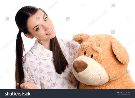 Beautiful Girl Big Teddy Bearhappy Brunette Stock Photo 147160844