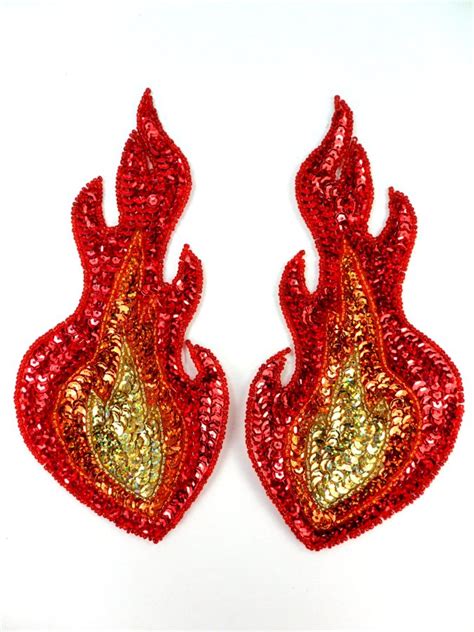 Flames Appliques Red Orange Gold Sequin Beaded Mirror Pair